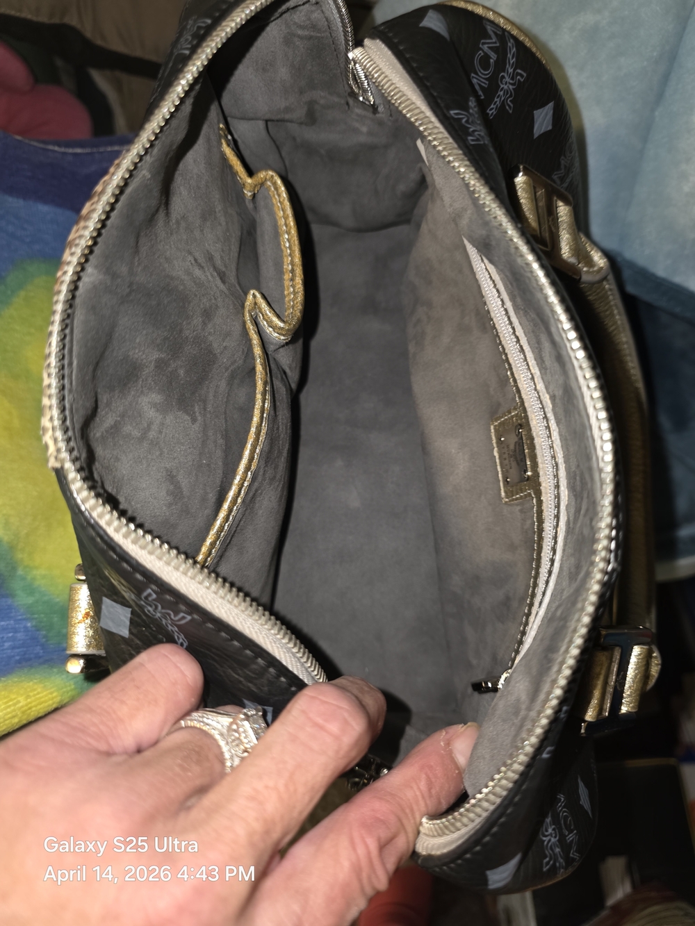 SOLD)))MCM Metallic Black Leather Small/Med Boston Bag W/ Gold and Pink Accents. - Picture 11 of 15